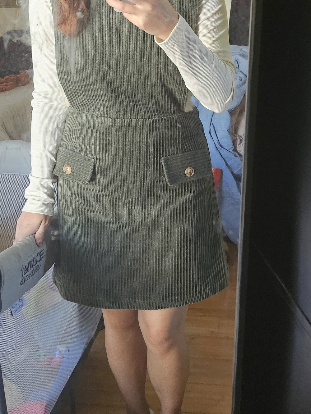 Very J Olive Green Corduroy Pocket Pinafore Dress - Picture 4 of 4